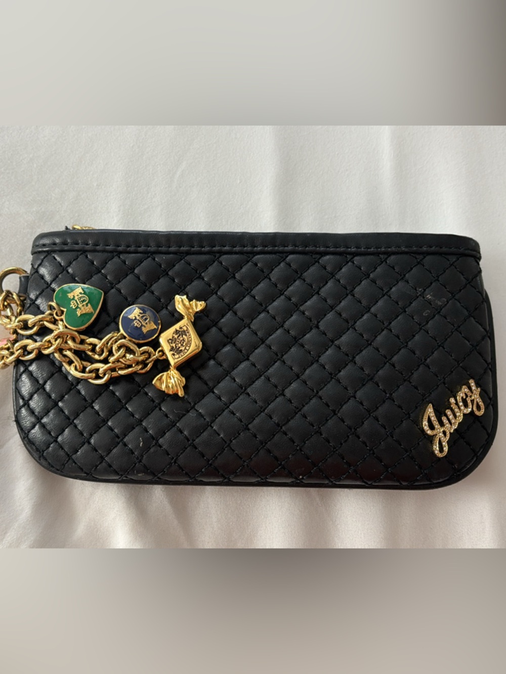 Vintage Juicy Couture Mini Bag Wristlet Charms Y2K Black Leather